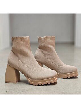 Chunky Heel Ankle Boots With Sock Knit Upper & Lug Sole In Nude